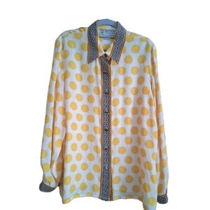 Starington, Womens Lng Sleeve 100% Silk Blouse, White W/Yellow PolkaDots Sz 14